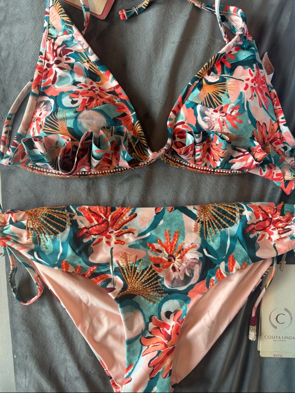 NWT Cosita Linda luxury hand, embroidered/beaded Print Triangle Bikini Set,small